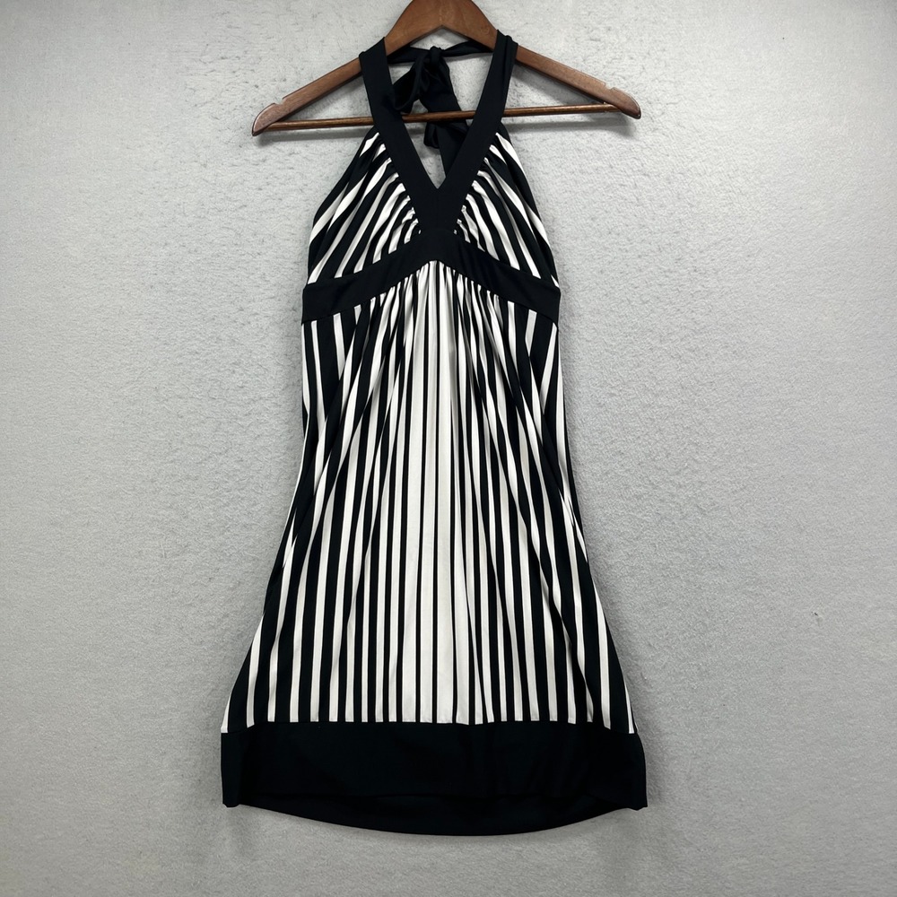 BCBGMAXAZRIA Halter Dress Women XS Black White Striped Sleeveless Mini Party Y2K